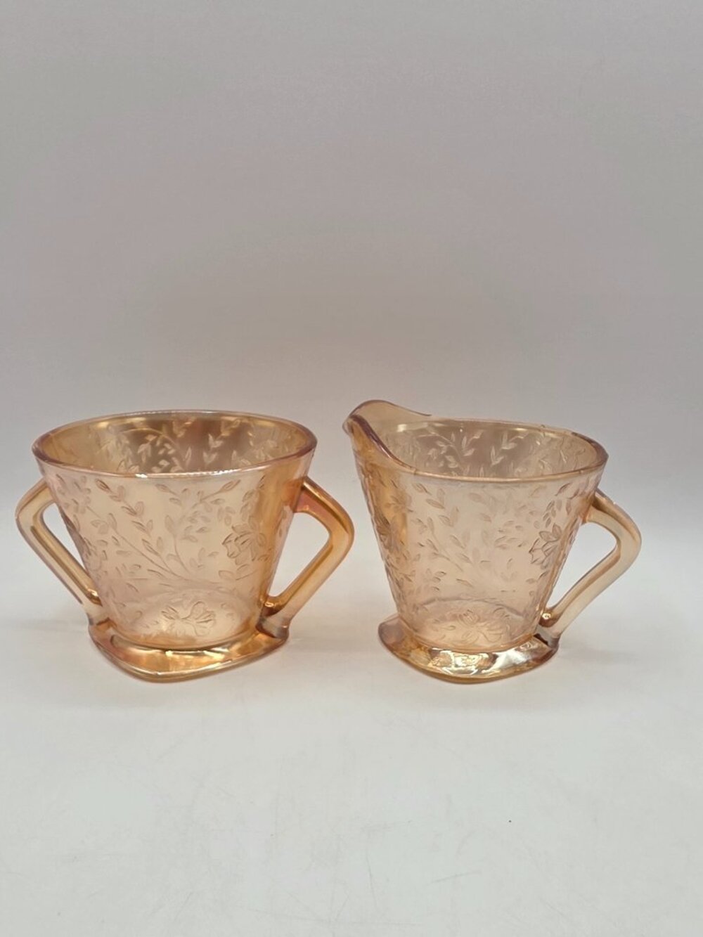 Vintage Jeanette Depression Glass Louisa Pattern Covered Sugar & Creamer Set